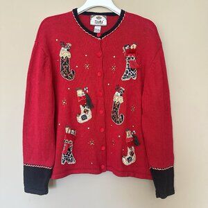 VTG Tiara International Christmas Cardigan Sweater Women XL Stocking Animal Prin